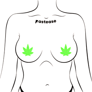 Petites: Two-Pair of Small (Glow-In-The-Dark) Pot Leaf Nipple Pasties by Pastease®. Four petite neon green cannabis weed leaf shaped nipple covers shown on a femme body outline for size reference on a white background. 