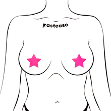 Load image into Gallery viewer, Petites: Two-Pair of Small Neon Pink (Blacklight Reactive) Star Nipple Pasties by Pastease. Two petite neon pink stars shown on a femme body outline on a white background. 
