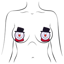 Load image into Gallery viewer, Snowman Christmas Holiday Pasties by Pastease. Two smiling snowmen wearing hats and scarves with a glittery fabric shaped nipple covers shown on a femme body outline for size reference on a white background.
