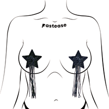 Load image into Gallery viewer, Tassel Pasties: Black Sparkle Star Nipple Pasties by Pastease shown on a femme body outline for size reference on a white background.
