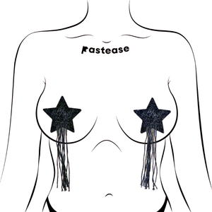 Tassel Pasties: Black Sparkle Star Nipple Pasties by Pastease shown on a femme body outline for size reference on a white background.