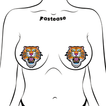 Load image into Gallery viewer, Tiger: Ferocious Tattoo Jungle Cat Diamond Thom by Pastease® o/s. Two traditional tattoo style orange roaring tiger shaped nipple covers shown on a femme body outline for size reference on a white background. 
