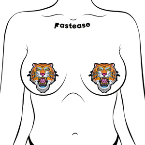 Tiger: Ferocious Tattoo Jungle Cat Diamond Thom by Pastease® o/s. Two traditional tattoo style orange roaring tiger shaped nipple covers shown on a femme body outline for size reference on a white background. 