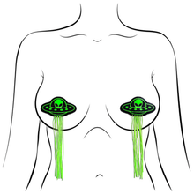 Load image into Gallery viewer, Tassel UFO Alien Glow-in-the-dark neon green on black Nipple Pasties by Pastease. Two UFO shaped nipple covers with neon green tassles shown on a femme body outline for size reference on a white background.
