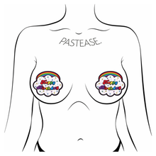 Load image into Gallery viewer, The Cloud: Rainbow &#39;Happy Birthday&#39; Cloud Nipple Pasties by Pastease shown on a femme body outline for size reference on a white background.

