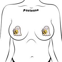 Load image into Gallery viewer, Boo-Bee: Kawaii Ghost with Bee Friend Pasties by Pastease® o/s. Two smiley ghosts holding smiling bees nipple covers shown on a femme body outline for size reference on a white background.
