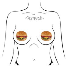 Load image into Gallery viewer, The Burger: Delicious Cheeseburger Nipple Pasties by Pastease shown on a femme body outline for size reference on a white background.
