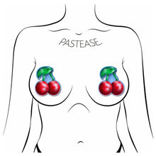 Load image into Gallery viewer, The Cherry: Bright Red Cherries with Green Leaf &amp; Stem Nipple Pasties by Pastease shown on a femme body outline for size reference on a white background.
