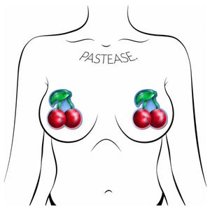 The Cherry: Bright Red Cherries with Green Leaf & Stem Nipple Pasties by Pastease shown on a femme body outline for size reference on a white background.