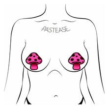 Load image into Gallery viewer, The Mushroom: Neon Pink Shroom Nipple Pasties by Pastease. Two pink and black glittery mushroom nipple covers shown on a femme body outline for size reference on a white background.
