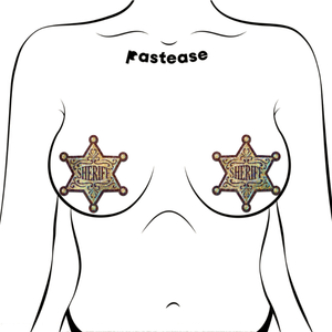 Sheriff Star: Glittering Golden Nipple Pasties by Pastease. Two glittery star shaped nipple covers with text reading sheriff in the centre similar to a cowboy badge shown on a femme body outline on a white background.