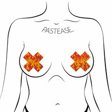Load image into Gallery viewer, Plus X: Flaming Sparkle Cross Nipple Pasties by Pastease o/s. Two glittery flame cross nipple covers shown on a femme body outline for sizing reference on a white background.
