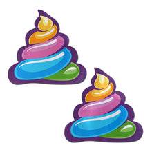 Load image into Gallery viewer, Unicorn Poo: Scummy Bear Rainbow Shit Emoji Nipple Pasties by Pastease. Two pastel rainbow multicoloured unicorn poop emoji nipple covers on a white background. Perfect for a festival, pride, burlesque performance, only fans content or a party.
