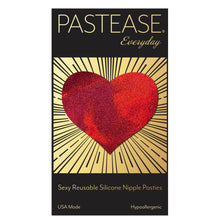 Load image into Gallery viewer, Everyday reusable liquid red heart with mini hearts reusable nipple pasties by pastease everyday o/s on a pastease everyday black and gold packaging backing card. Perfect for a festival, pride, burlesque performance, only fans content or a party.
