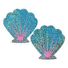 Load image into Gallery viewer, The Mermaid: Liquid Seafoam Green and Pink Seashell Nipple Pasties by Pastease. Two blue and pink shimmer glitter sea shells on a white background.  Perfect for a festival, pride, burlesque performance, only fans content or a party.
