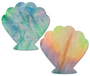 Mermaid: J. Valentine® Pastel Tie-Dye Rainbow Seashell Nipple Pasties by Pastease® o/s. Two pastel rainbow tie dye mermaid sea shell nipple covers on a white background. Perfect for a festival, pride, burlesque performance, only fans content or a party.