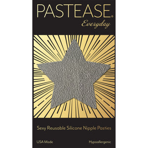 Everyday Reusable: Foggy Grey Vegan Luxury Suede Star with Mini Hearts Reusable Nipple Covers by Pastease® Everyday o/s shown on the Pastease everyday gold and black packaging backing card. Perfect for a festival, pride, burlesque performance, only fans content or a party.