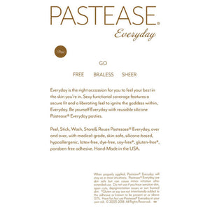 The pastease everyday backing thank you card reading go free, go braless, go sheer in gold coloured text on a white background.