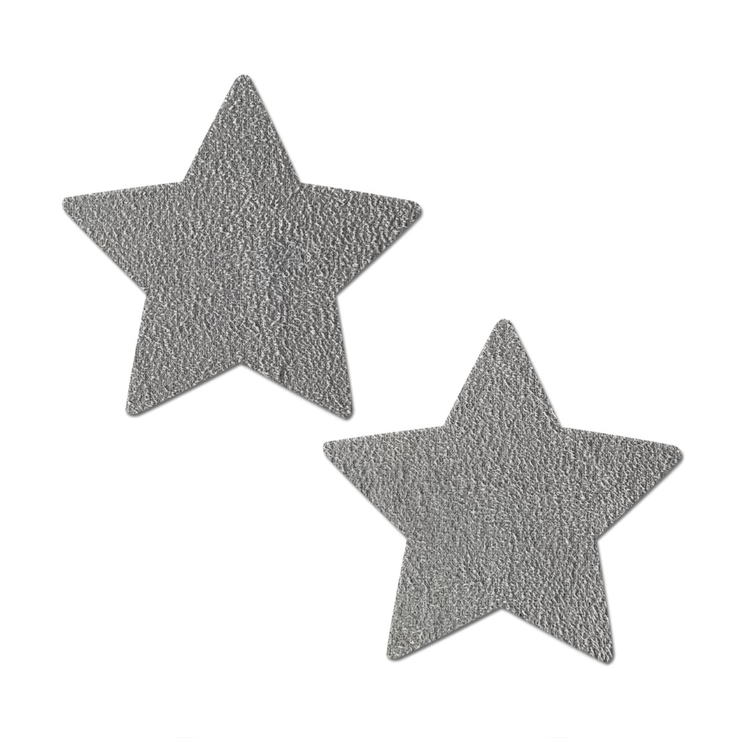 Everyday Reusable: Foggy Grey Vegan Luxury Suede Star with Mini Hearts Reusable Nipple Covers by Pastease® Everyday o/s. Two grey coloured star pasties on a white background. Perfect for a festival, pride, burlesque performance, only fans content or a party.