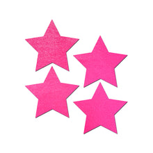 Load image into Gallery viewer, The Petites: Two-Pair of Small Neon (Blacklight Reactive) Star Nipple Pasties by Pastease. Four neon pink stars on a white background. Perfect for a festival, pride, burlesque performance, only fans content or a party.
