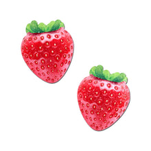 Load image into Gallery viewer, The Strawberry: Sparkly Red &amp; Juicy Berry Nipple Pasties by Pastease. Two glitter red strawberry nipple covers on a white background. Perfect for a festival, pride, burlesque performance, only fans content or a party.

