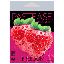 Load image into Gallery viewer, The Strawberry: Sparkly Red &amp; Juicy Berry Nipple Pasties by Pastease in pink and black pastease packaging on a white background.

