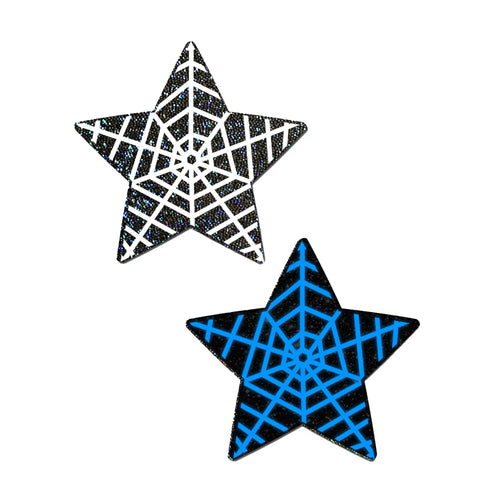 Star: Black Glitter Star with White Glow in the Dark Web Nipple Pasties by Pastease® o/s. Two spider web glittery star nipple pasties on a white background. Perfect for a festival, pride, burlesque performance, only fans content or a party.