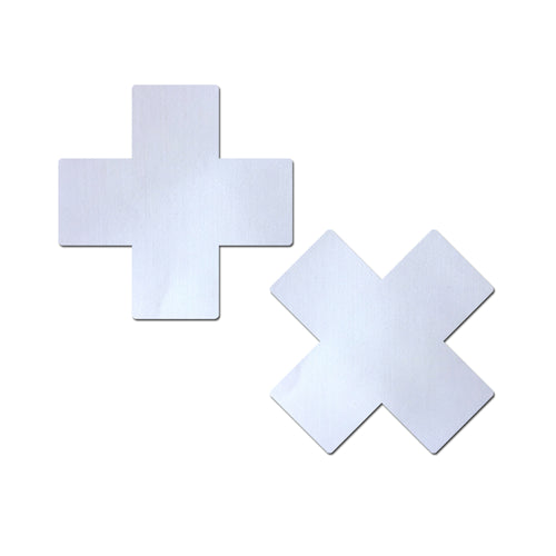 Plus X: Matte Cross Nipple Pasties by Pastease®.  Two matt cross shape nipple covers on a white background. Perfect for festivals, pride, burlesque, raves, only fans content or parties.